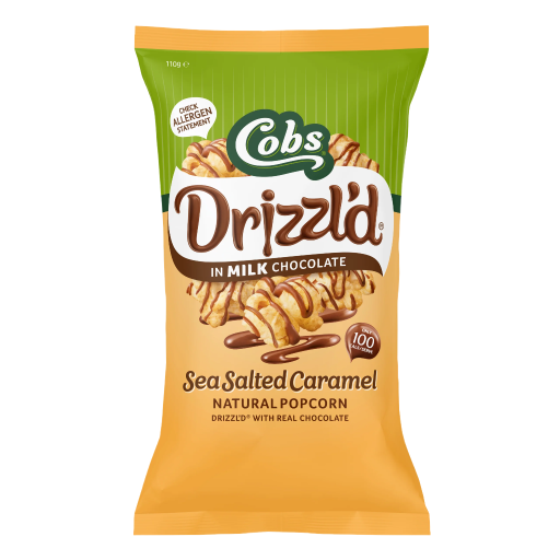 Cobs Drizzled Sea Salted Caramel Popcorn packaging on a white background