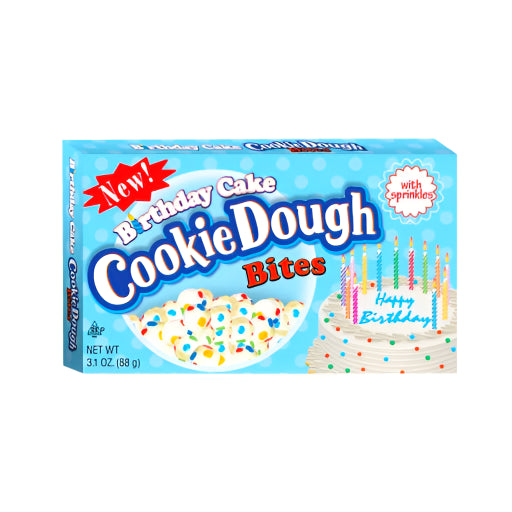 Box of Birthday Cake Cookie Dough Bites with sprinkles on a white background
