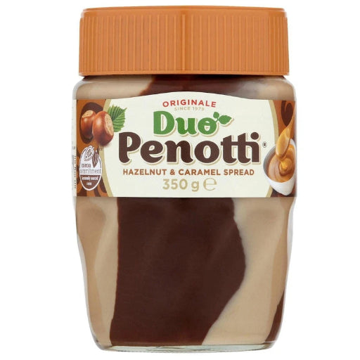 Jar of Duo Penotti hazelnut and caramel spread on a white background