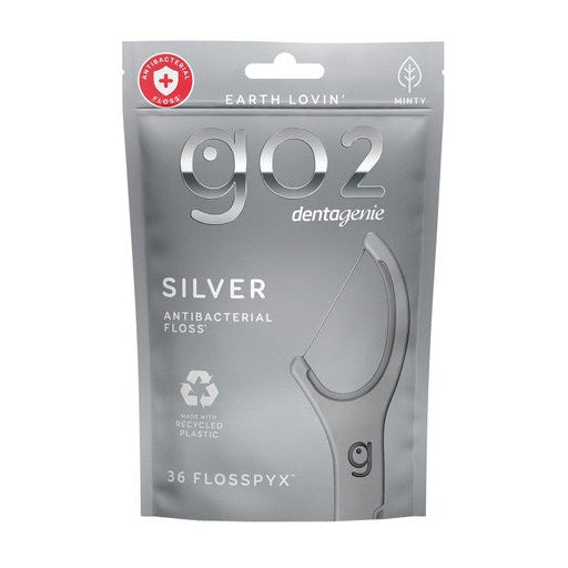 GO2 DENTAGENIE FLOSSPYX ANTIBACTERIAL FLOSS SILVER MINT 36PK