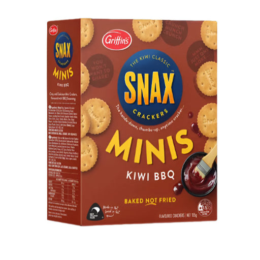 Box of Snax Crackers Minis Kiwi BBQ flavor on a white background