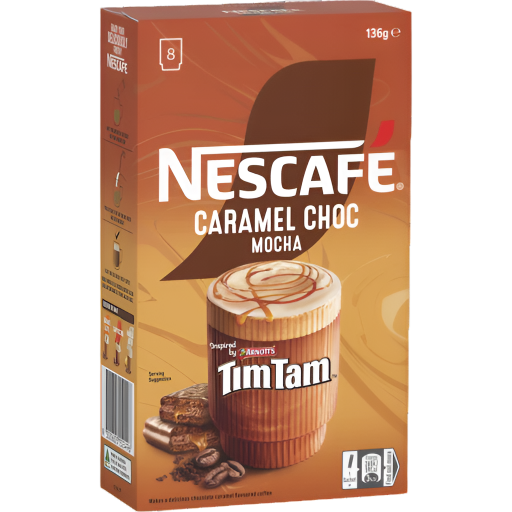 Nescafe Caramel Choc Mocha coffee packaging with Tim Tam branding on a white background