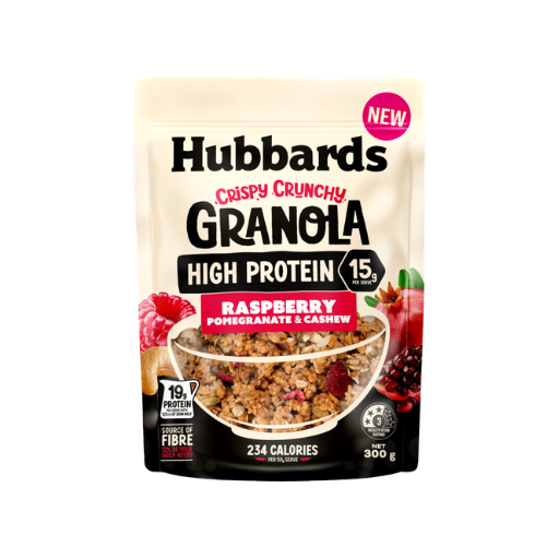HUBBARDS CRISPY CRUNCHY GRANOLA HIGH PROTEIN RASPBERRY POMEGRANATE & CASHEW 300G