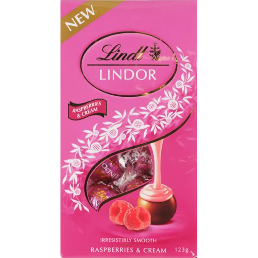 LINDT LINDOR RASPBERRY & CREAM POUCH 123G