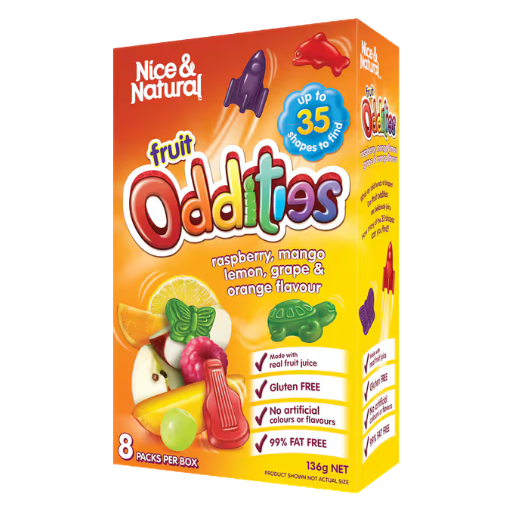 NICE & NATURAL FRUIT  ODDITIES RASPBERRY,  MANGO, GRAPE, LEMON  & ORANGE 136G 8PK