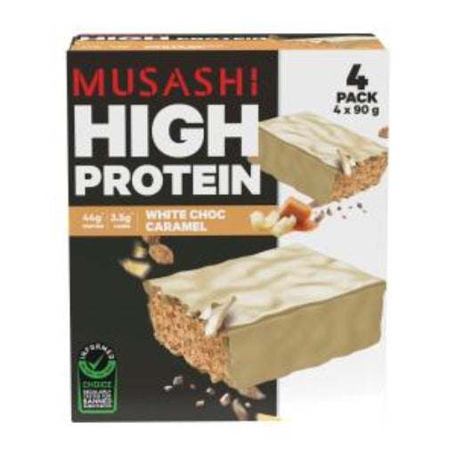 MUSASHI WHITE CHOC CARAMEL HIGH PROTEIN 4PK 90G (360G)