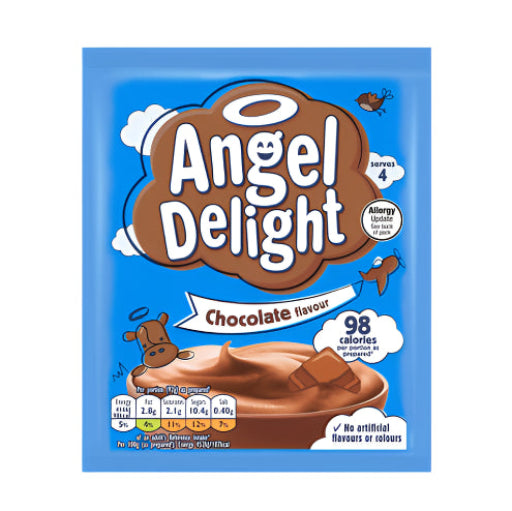 Angel Delight chocolate flavor package on a light blue background
