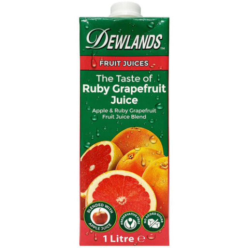 Dewlands Ruby Grapefruit Juice carton with grapefruit images on a white background