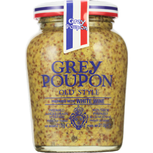 Jar of Grey Poupon mustard with a white background