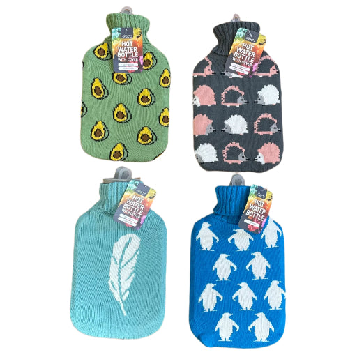 Four colorful hot water bottles with unique designs on a wooden table.