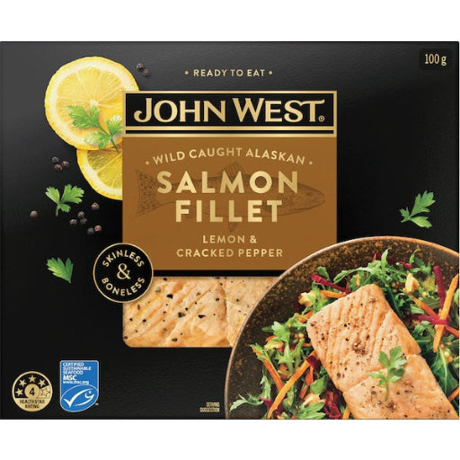 JOHN WEST SALMON FILLET LEMON & PEPPER 100G