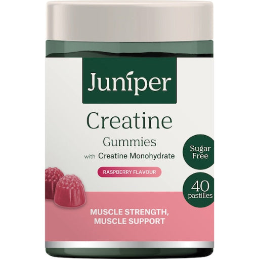 Jar of Juniper Creatine Gummies with Raspberry Flavour on a white background