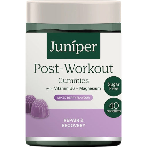 Juniper Post-Workout Gummies packaging with mixed berry flavor on a white background