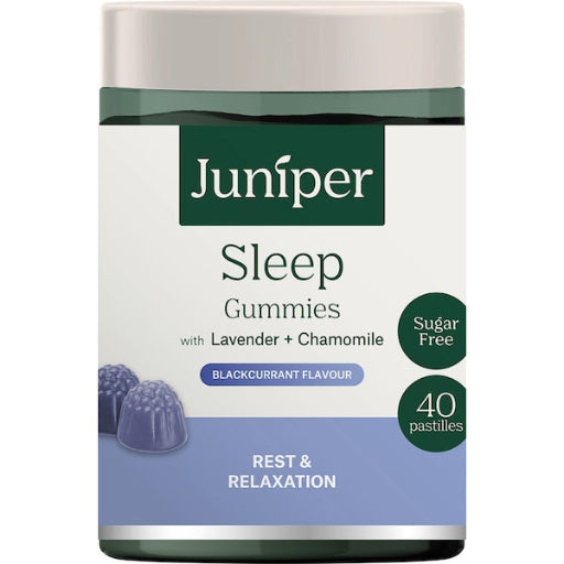 Juniper Sleep Gummies packaging with lavender and chamomile on a white background