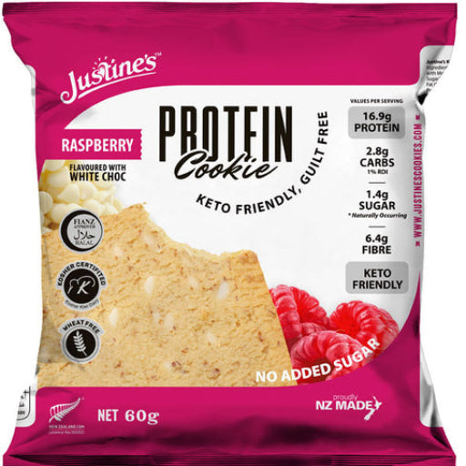 JUSTINES RASPBERRY WHITE CHOC PROTEIN COOKIE 60G