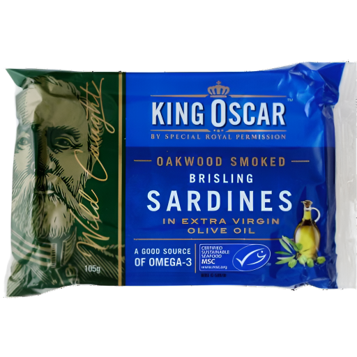 KING OSCAR OAK SMOKED SARDINES EXTRA VIRGIN OIL 105GM