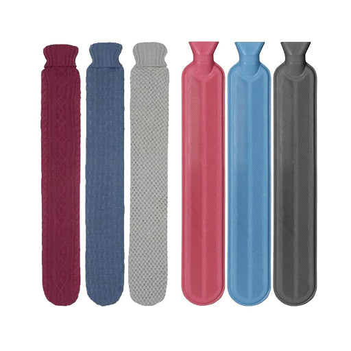 Set of six different colored hot water bottles on a white background
