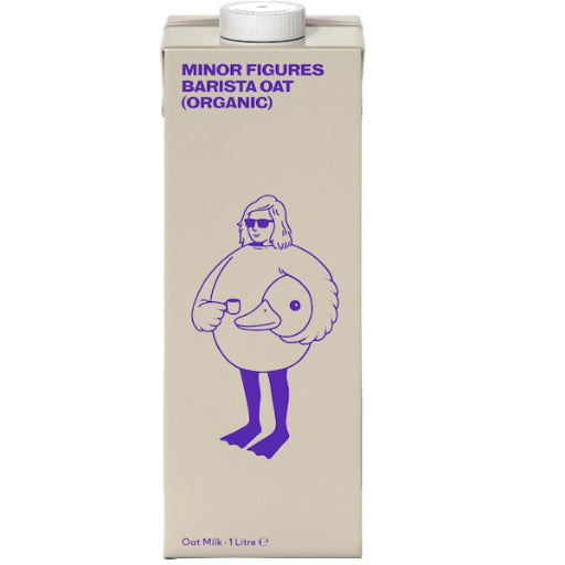 Carton of Minor Figures Barista Oat Organic oat milk with a stylized illustration on a beige background
