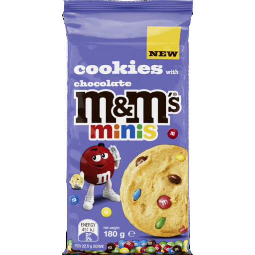 Packaging of cookies with chocolate M&M's minis on a purple background