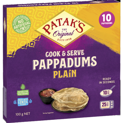 PATAKS COOK & SERVE PAPPADUMS PLAIN 100G