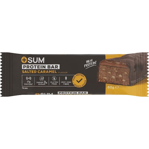 SUM Protein Bar packaging with salted caramel flavor on a white background
