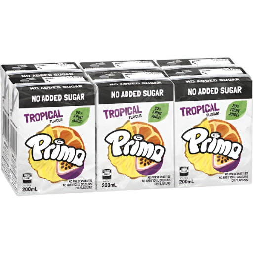 PRIMA NO ADDED SUGAR TROPICAL FRUIT DRINK 200ML 6PK