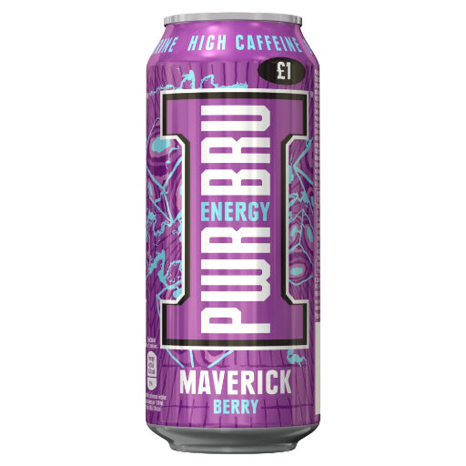 Purple energy drink can labeled 'Pur Bru' on a white background