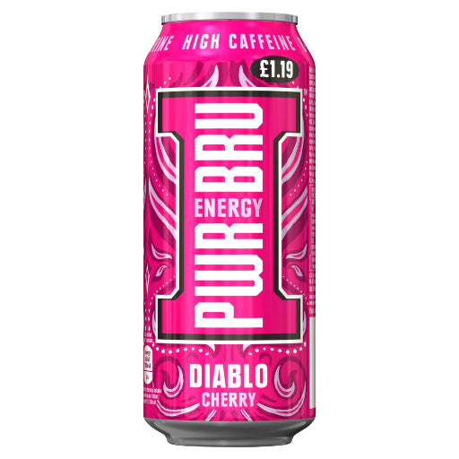 Pink energy drink can labeled 'Pur Bru' on a white background