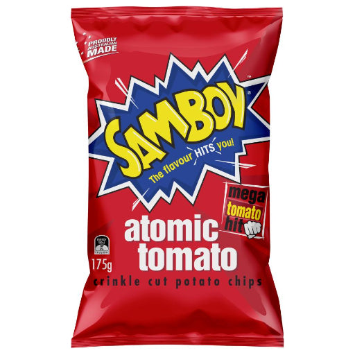 Red packet of Samboi atomic tomato chips with colorful text on a white background