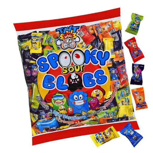 Spooky Sour Blubs candy bag with colorful packaging on a white background
