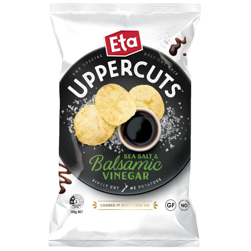 Packaging of Eta Uppercuts Sea Salt & Balsamic Vinegar potato chips on a white background