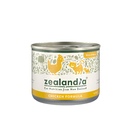 Zealandia cat food can with chicken formula on a white background