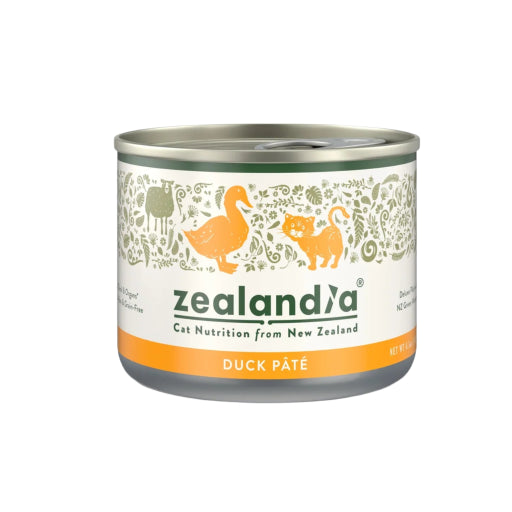 Can of Zealandia duck pate cat food on a white background
