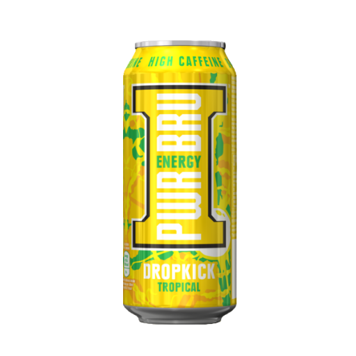 Yellow energy drink can with branding on a white background